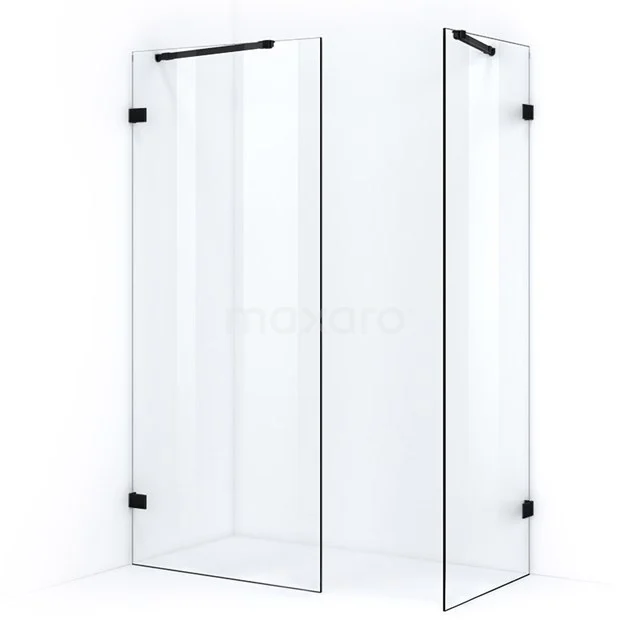 Duschkabine mit Klarglas, schwarz matten Scharnieren, eckigem Design, ideal für moderne Badezimmergestaltung.