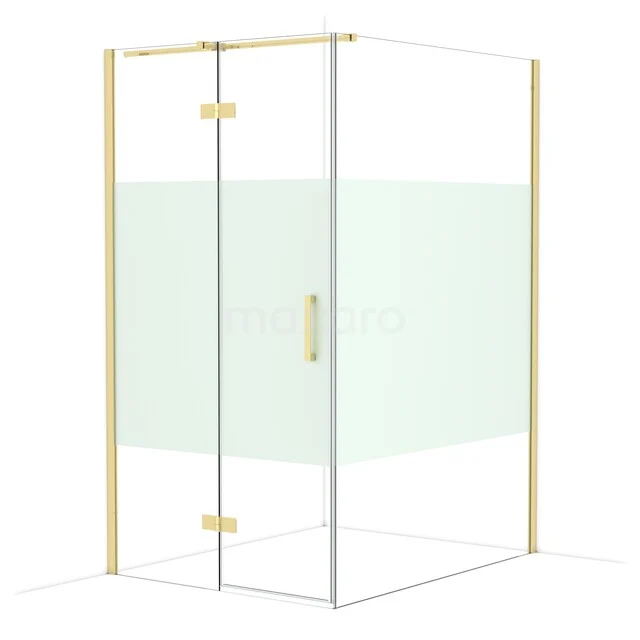 Goldfarbene Duschkabine mit Glaswänden und Sichtschutzband, elegantes Design für moderne Bäder.