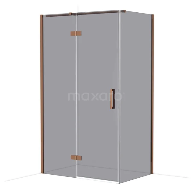Douchecabine met hoekinstap, mat glas, bronskleurige details en stijlvolle zwarte handgreep voor moderne badkamers.