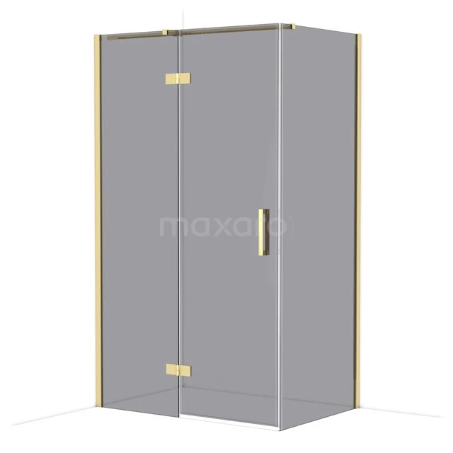 Grey glass shower cabin with gold hinges, modern design, ideal for a stylish and luxurious bathroom.