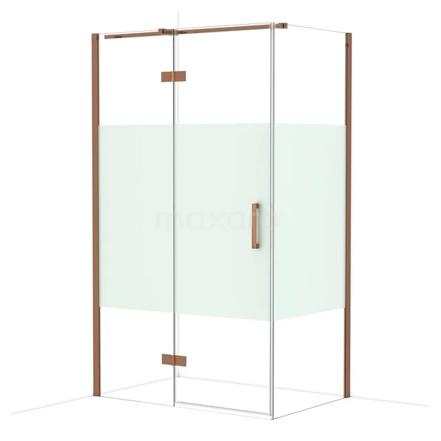 Shower cabin with glass walls, bronze-coloured profiles and frosted glass detail, ideal as a stylish bathroom solution.