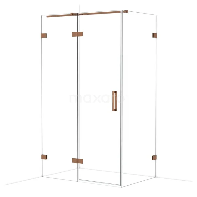 Glazen douchecabine met koperkleurige profielen en handgreep, strak design voor een moderne badkamer.