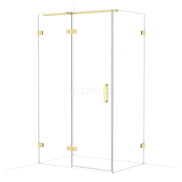 Glas Duschkabine mit goldfarbenen Akzenten und Drehtür, moderner Badezimmerstil, Klarglas und minimalistisches Design.