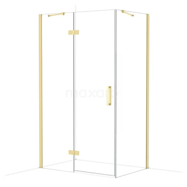 Glass corner shower cabin with gold accents, modern design and sleek frame, ideal for a stylish bathroom.