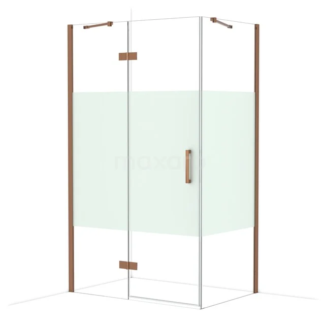 Glazen douchecabine met houten profielen, matglas detail en metalen deurhendel, ideaal voor een moderne badkamer inrichting.