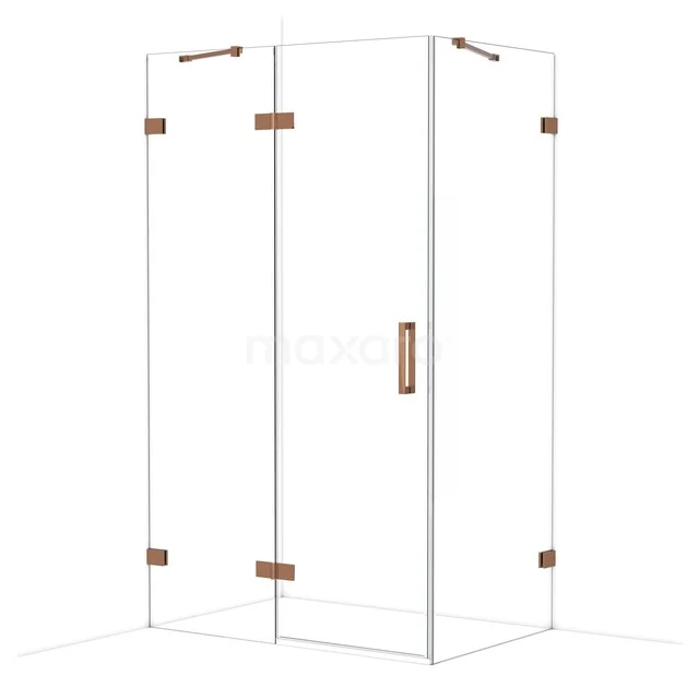Glazen hoekdouchecabine met koperkleurige scharnieren en handgreep, perfect voor een moderne badkamer inrichting.