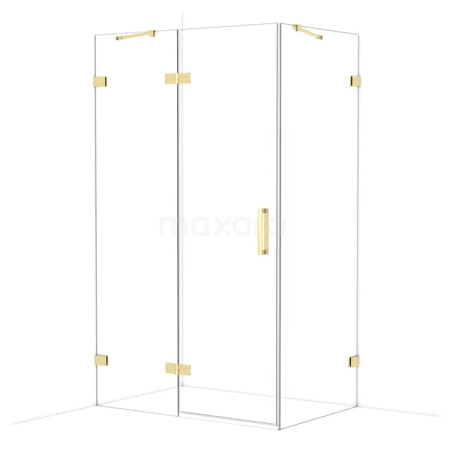 Glass shower cabin with gold accents and corner design, ideal for a stylish and modern bathroom decor.