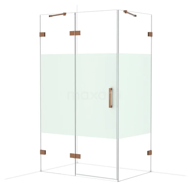 Glass shower cabin with corner door, transparent with frosted glass strip, stainless steel hinges and minimalist design.
