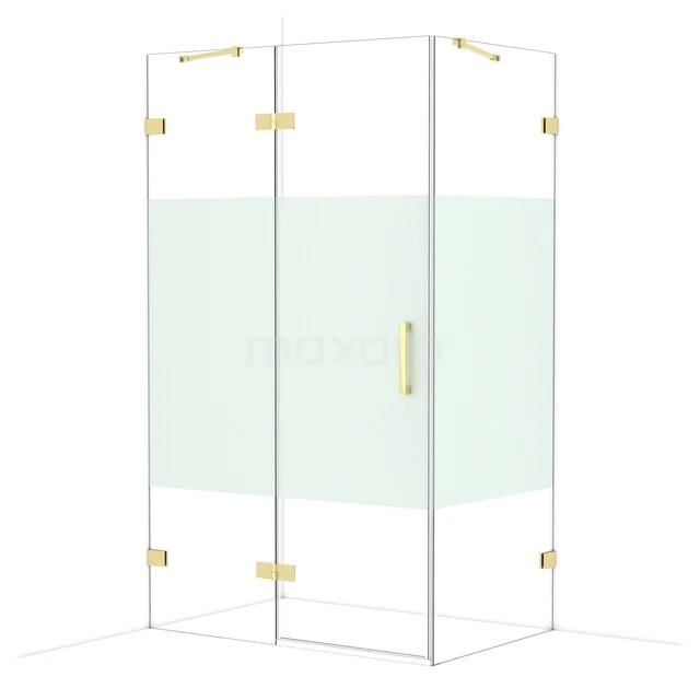 Glas Duschkabine mit goldfarbenen Details, Eckmodell, ausgestattet mit satiniertem Glas Mittelstreifen und breitem Haltegriff für stilvolle Bäder.