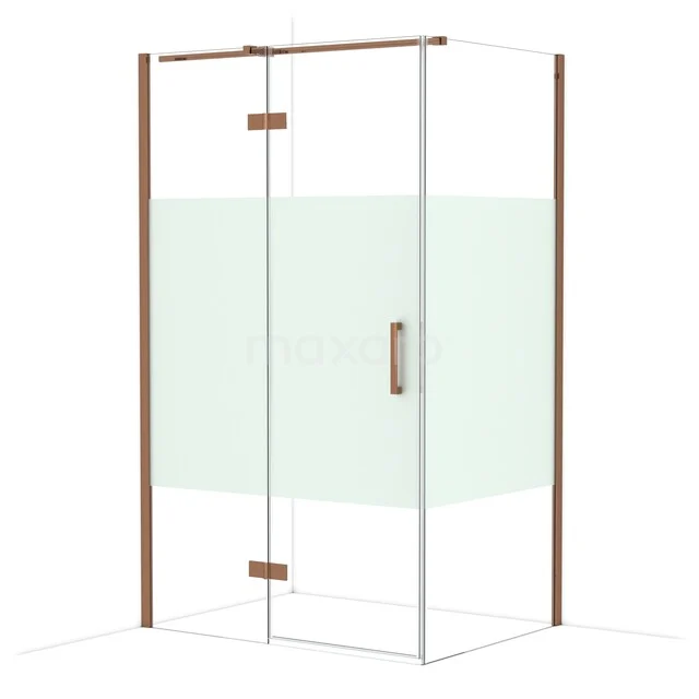 Glasene Eckdusche mit Schiebetür, weißer matter Streifen und kupferfarbenen Details, ideal für stilvolle Badezimmergestaltung.