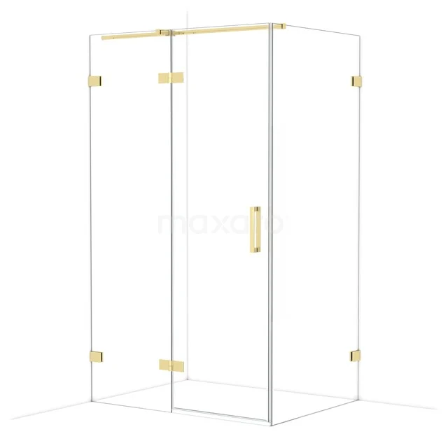 Glass shower cabin with gold-coloured details, luxury design and corner arrangement, perfect for a modern bathroom.