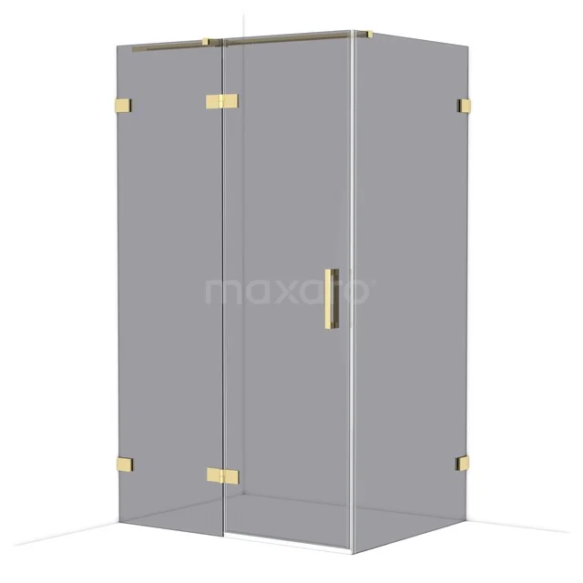 Graue Duschkabine mit goldfarbenen Scharnieren und Haltegriff, luxuriöses Glasdesign für modernes Badezimmer.