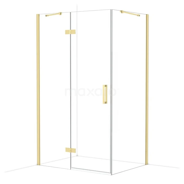 Golden glass shower cabin with corner entry, minimalist design and luxurious finish for a modern bathroom.