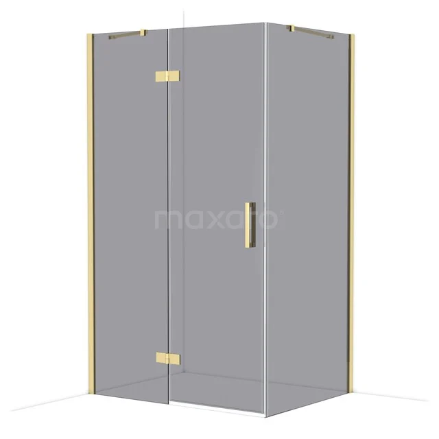 Graue Eck-Duschkabine mit goldfarbenen Scharnieren, Glastüren und metallischem Haltegriff, perfekt für ein modernes Badezimmer.