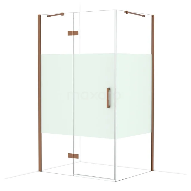 Glas Duschkabine mit mattgläsernen Details, Eckmodell mit Holzakzenten, ideal für ein stilvolles Badezimmer.