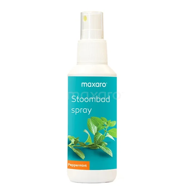 Stoombad Spray Maxaro, weiße Flasche mit grünen und orangefarbenen Etiketten, ideal für einen entspannenden Duft im Badezimmer.