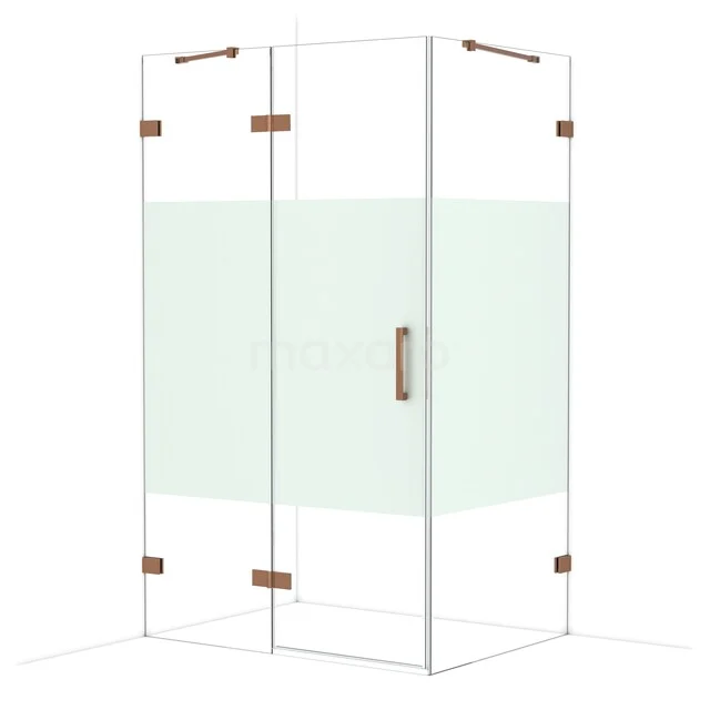 Diamond Shower enclosure | 120x90 cm Glanzend koper Clear with matt strip Pivot door Rectangle CDB216609423GKP Helder glazen douchecabine met koperen accenten, voorzien van een mat glazen strook, geschikt voor een moderne badkamerstijl.