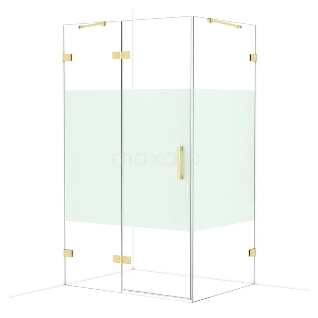 Glass shower cabin with gold hinges, corner design and frosted glass detail for modern bathroom style.
