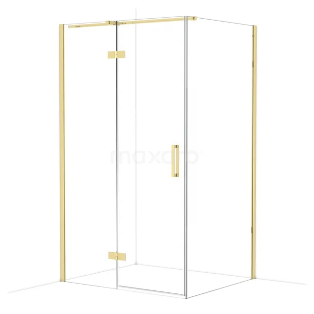 Glass walk-in shower with gold finish, modern design, ideal for a stylish bathroom.