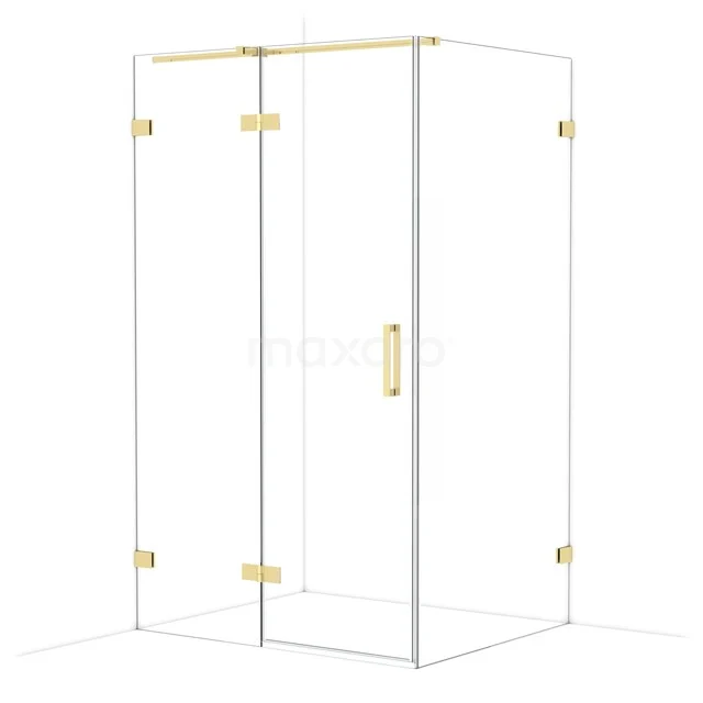 Glazen douchecabine met goudkleurige details, vierkant ontwerp, ideaal voor een stijlvolle en moderne badkamer.