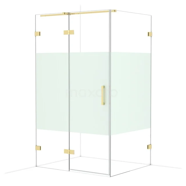 Gouden hoekdouchecabine met helder glas en mat witte strip, modern design voor stijlvolle badkamer inrichting.