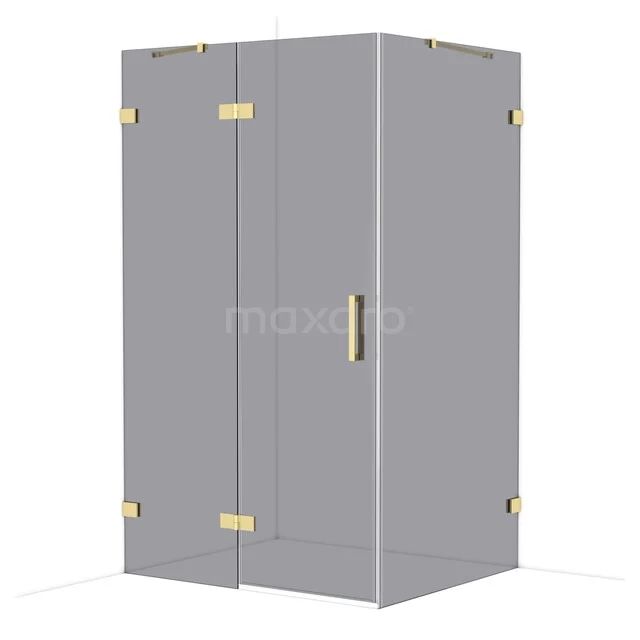 Glazen douchecabine met mat goudkleurige scharnieren, modern design, perfect voor een luxe badkamer inrichting.