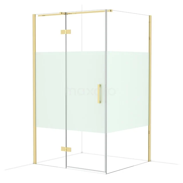 Diamond Shower enclosure | 120x110 cm Glossy light gold Clear with matt strip Pivot door Rectangle CDB216611313GLG Douchecabine met goudkleurige randen, glazen panelen en een strak design, ideaal voor een stijlvolle badkamer.