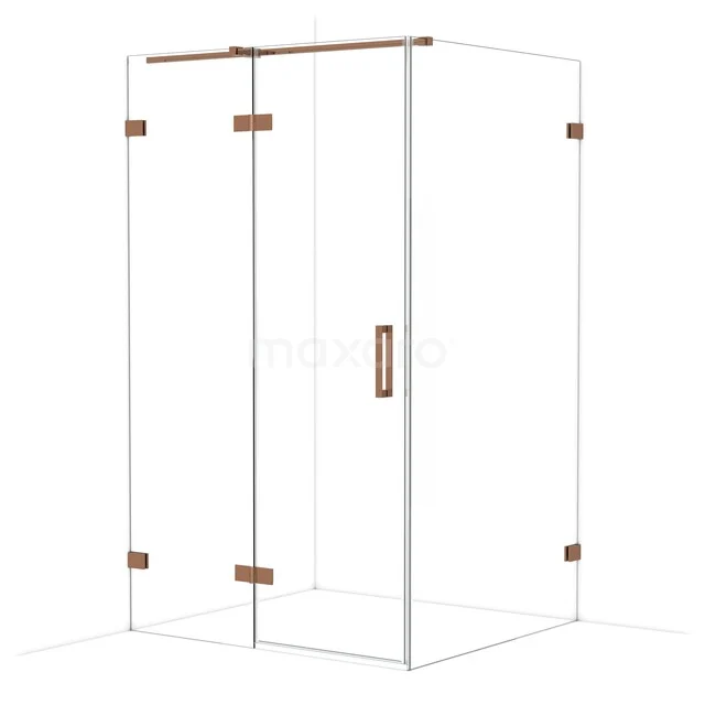 Glazen douchecabine met koperkleurige accenten, strak design en schuifdeur voor een moderne badkamerstijl.