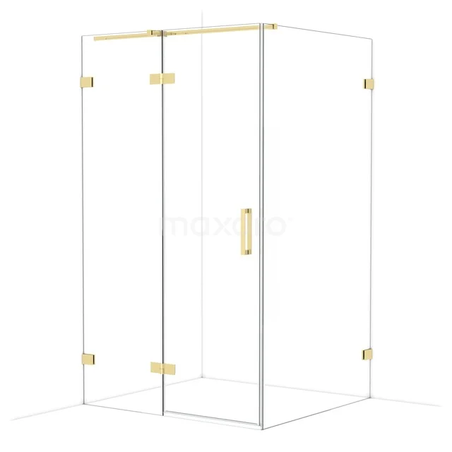 Shower cabin with gold-coloured accents, square design, transparent glass, ideal for a modern bathroom.