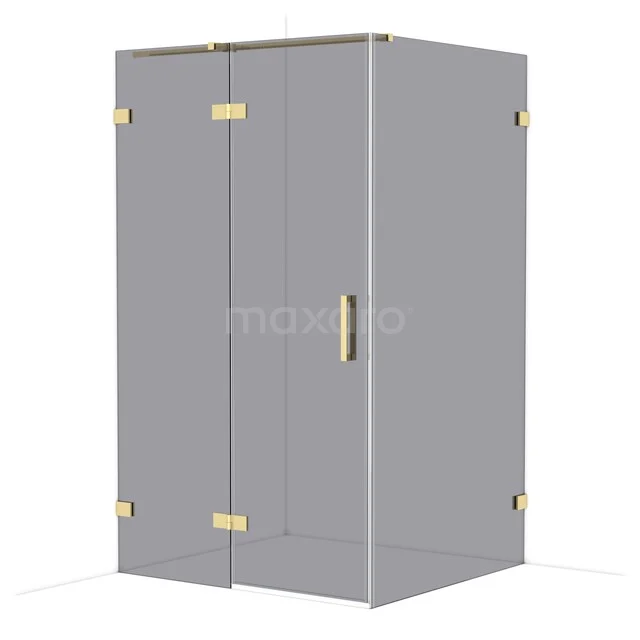 Glazen douchecabine met goudkleurige scharnieren en handgreep, luxe hoekmodel voor moderne badkamer.