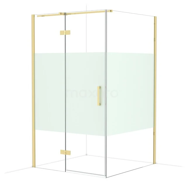 Mat gold corner shower cabin with transparent glass and frosted privacy accent, ideal for modern bathrooms.