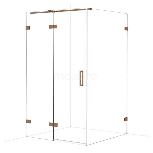 Glazen douchecabine met messing accenten, hoekig design, perfect voor stijlvolle badkamers.