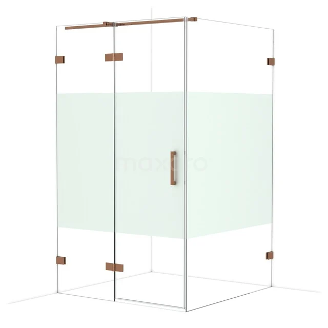 Glass shower cabin with frosted glass strip, stainless steel hinges, and wooden accents for a modern bathroom style.