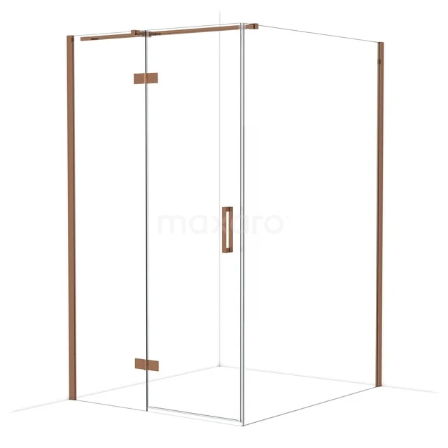 Duschkabine mit Klarglas, kupferfarbenen Profilen und Scharnieren, modernes Design für ein stilvolles Badezimmer.