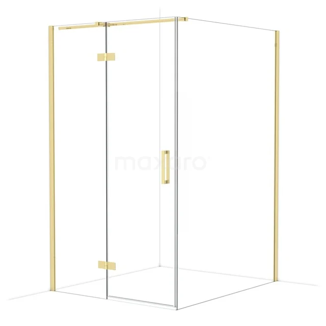 Golden corner shower cabin with clear glass and hinged door, perfect for a luxury bathroom style.