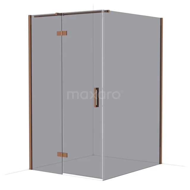 Glazen douchecabine met hoekinstap, mat zwarte profielen en bronskleurige details. Perfect voor een moderne badkamer.