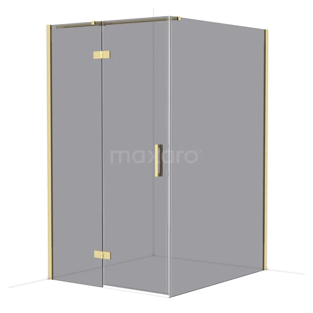 Goldene Eck-Duschkabine mit Klarglas und minimalistischem Design, perfekt für ein stilvolles Badezimmer.