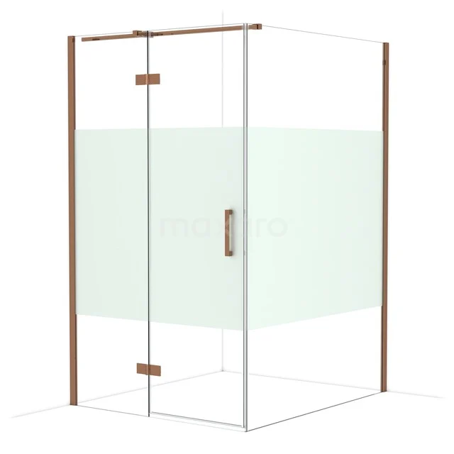 Shower cabin with glass walls and frosted glass strip, copper-coloured profiles, suitable for modern bathroom decor.