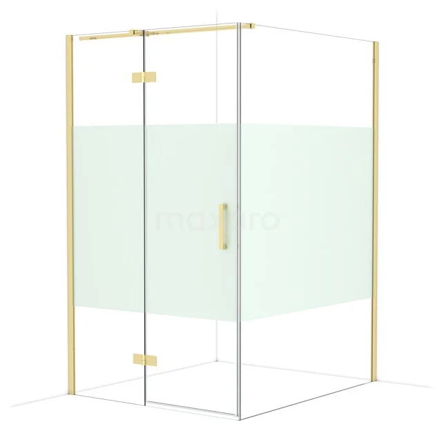 Glazen douchecabine met matgoud frame, transparante en matte panelen, luxe uitstraling voor stijlvolle badkamerinrichting.