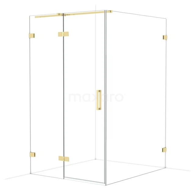 Glas Duschkabine mit goldfarbenen Scharnieren und Haltegriff, modernes Design für ein luxuriöses Badezimmer.