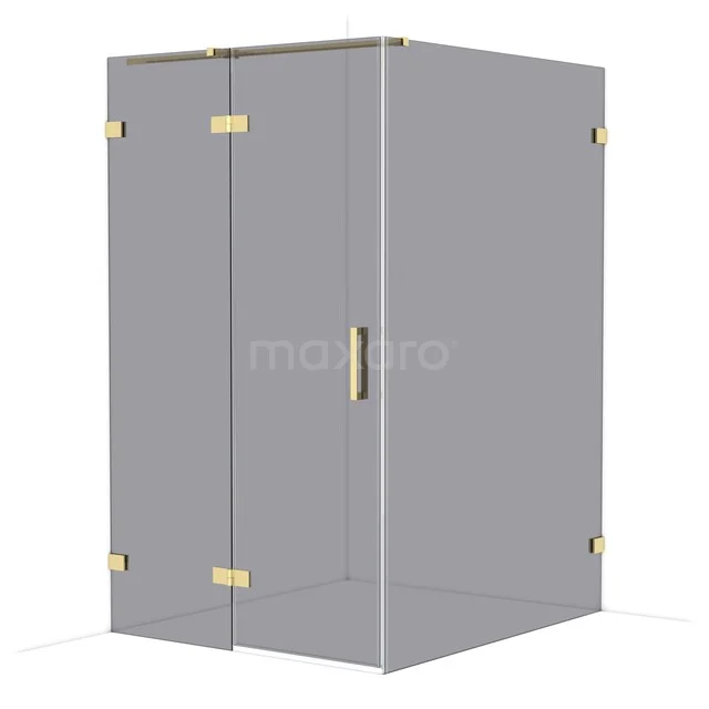 Glass shower cabin with gold hinges, rectangular design, luxury finish, perfect for a modern bathroom.