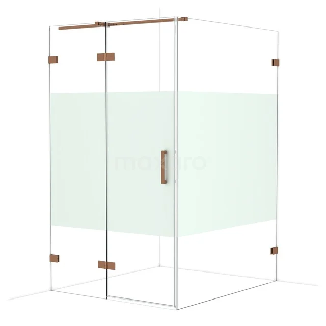 Glazen douchecabine met messing accenten, transparante wanden en matglasstrook, perfecte luxe toevoeging aan de badkamer.