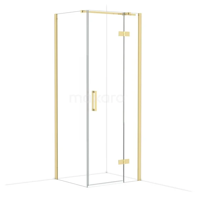 Gouden douchecabine met helder glas en minimalistisch ontwerp, perfect voor een moderne badkamer.