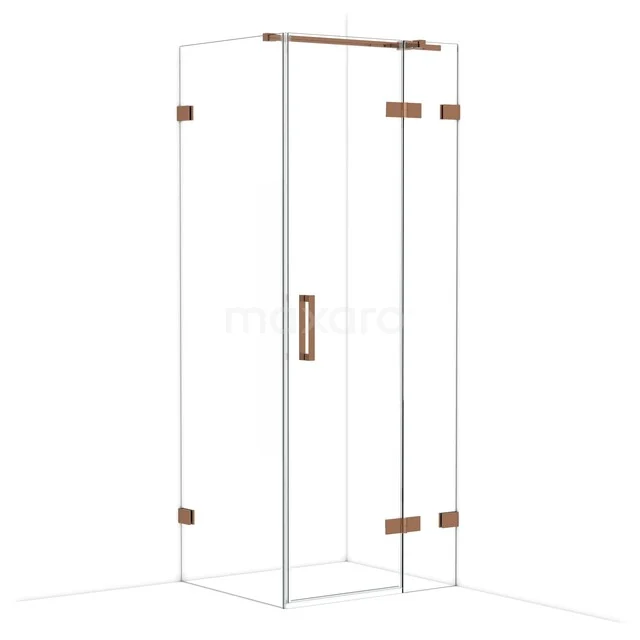 Glazen inloopdouche met koperkleurige scharnieren, strakke lijnen en minimalistisch design, ideaal voor een moderne badkamer.