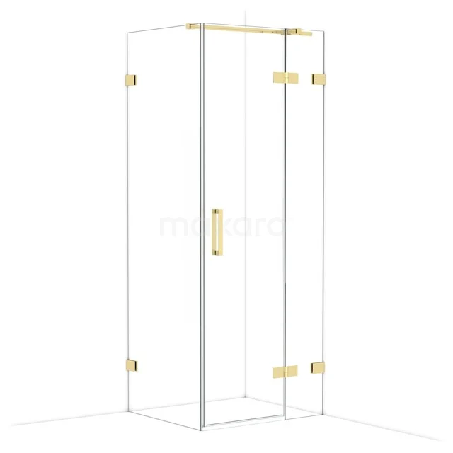 Glass shower cabin with golden accents, modern design, ideal for a stylish bathroom transformation.