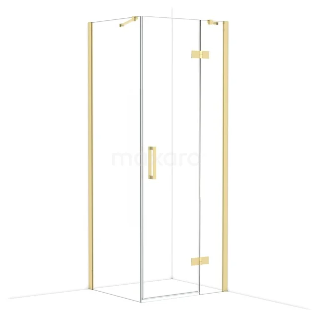 Glass shower enclosure with gold accents, corner design, ideal for a stylish modern bathroom.