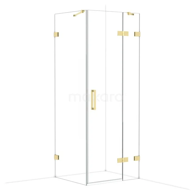 Glazen douchecabine met hoekinstap, goudkleurige scharnieren en handgreep, ideaal voor een luxe badkamerinterieur.