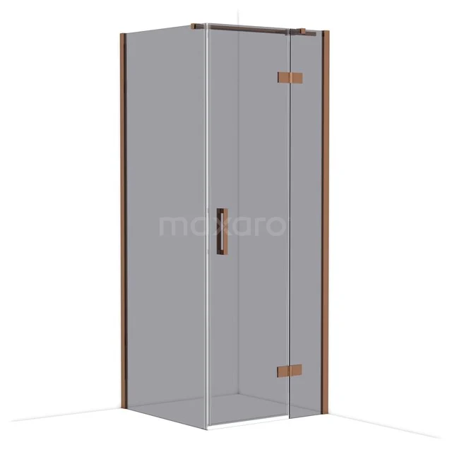 Glass shower cabin with bronze-coloured accents, corner model, minimalist design for a modern bathroom.