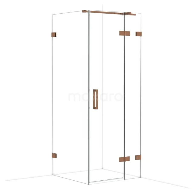 Glazen douchecabine met koperen details, minimalistisch ontwerp, ideaal als luxe toevoeging aan moderne badkamers.