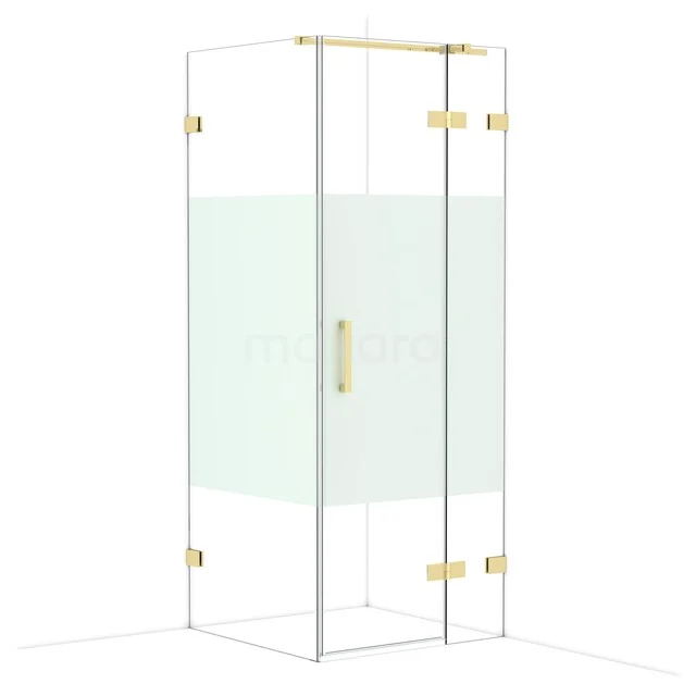 Golden shower cabin with clear glass and matte white panel, ideal for a modern bathroom design.